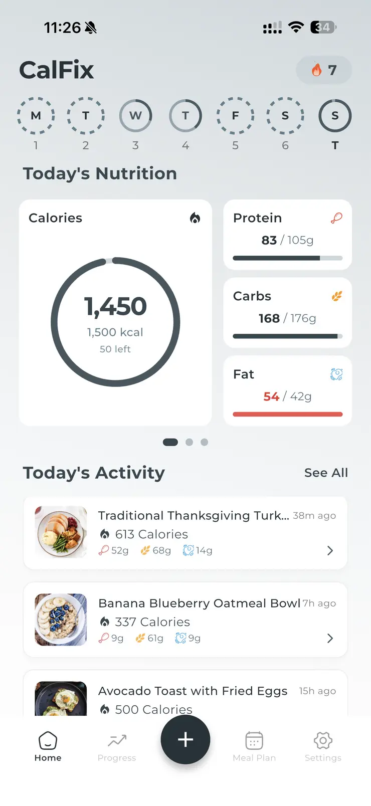 CalFix home dashboard showing daily calorie, protein, carb, and fat progress