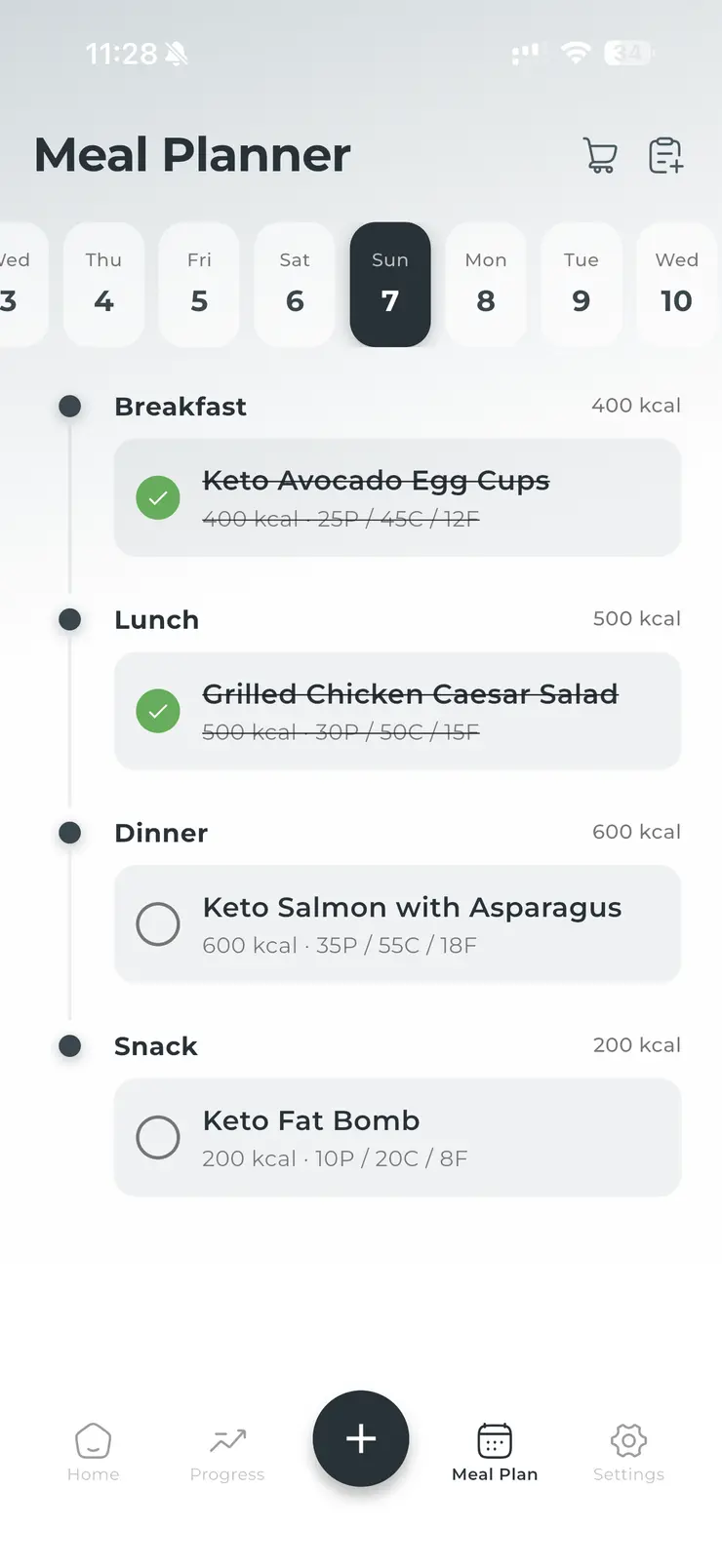 CalFix AI meal planner showing a week of meals with calories and macros
