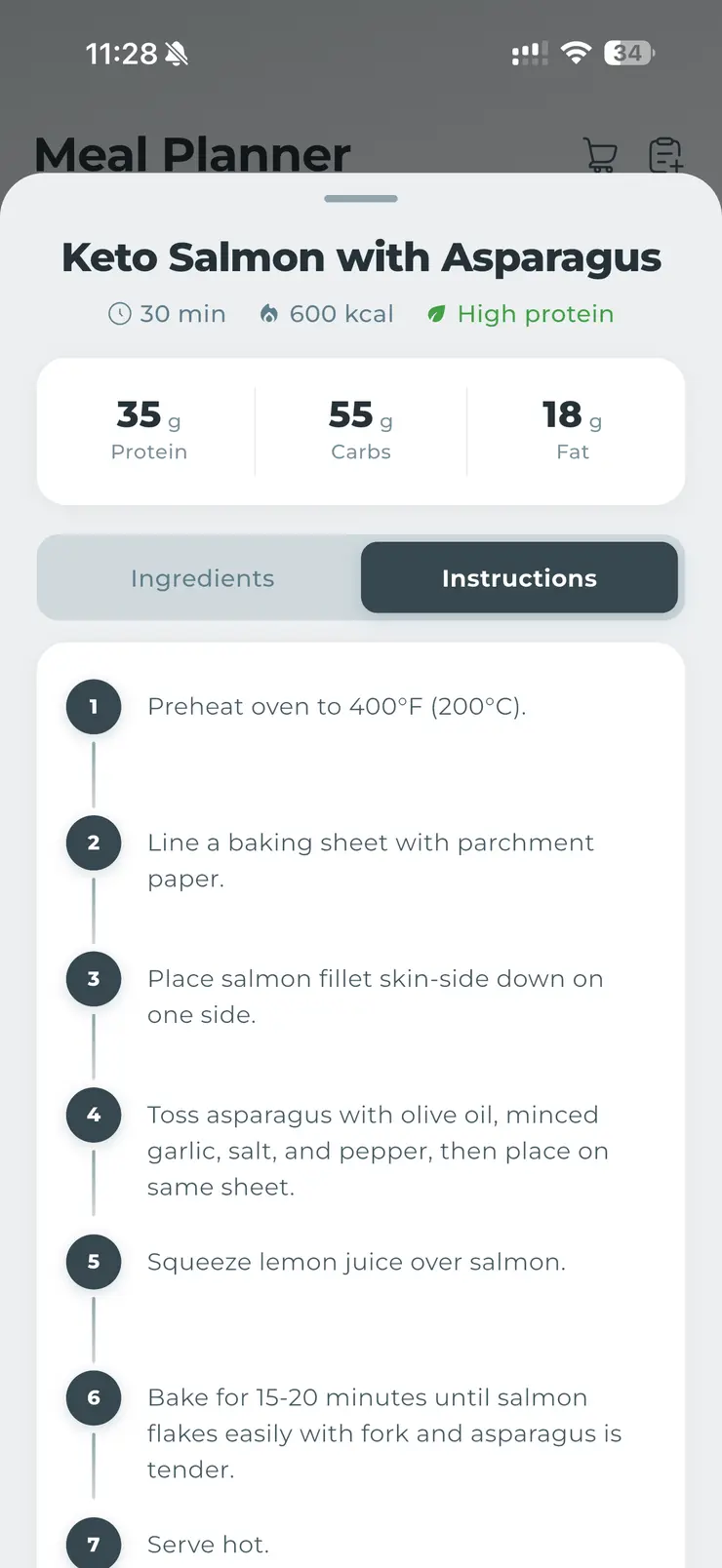 CalFix meal plan recipe with macros and step by step cooking instructions